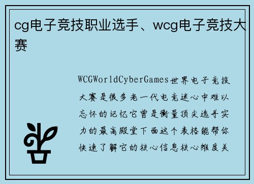 cg电子竞技职业选手、wcg电子竞技大赛